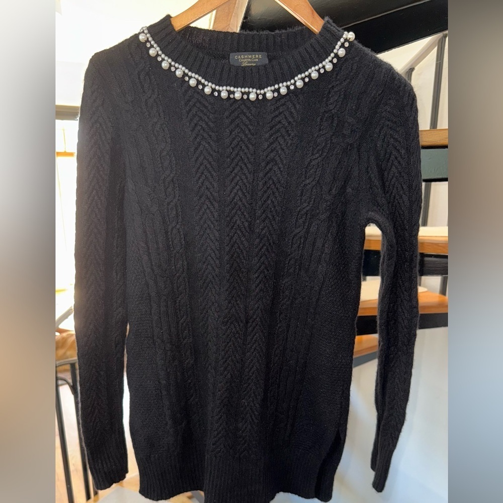 Charter Club Black Women's Cashmere Embellished Cable-Knit Tunic Sweater size M
